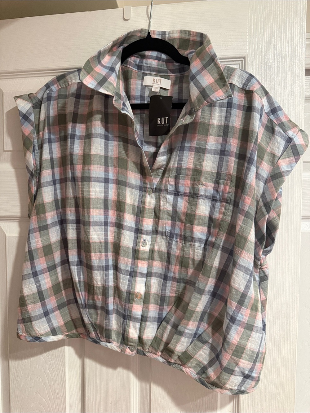Kut from the Kloth Pastel Plaid Button-Front Top in Green, Pink & Blue